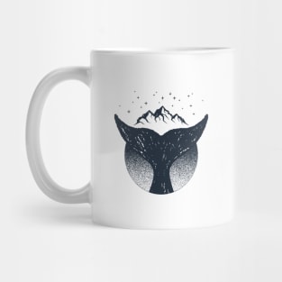 Creative Illustration. Whale Tail, Stars, Mountains, Adventure, Nautical Mug